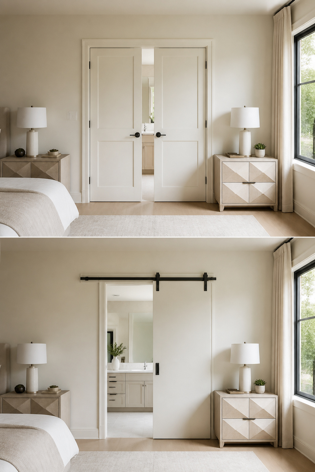 A tall sliding door occupies a prominent space in the bedroom.