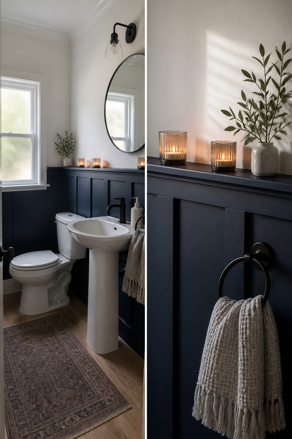 11 Half Bath Renovation Ideas for Style on a Budget (2026) 4 A half bath showcasing board and batten on one wall.