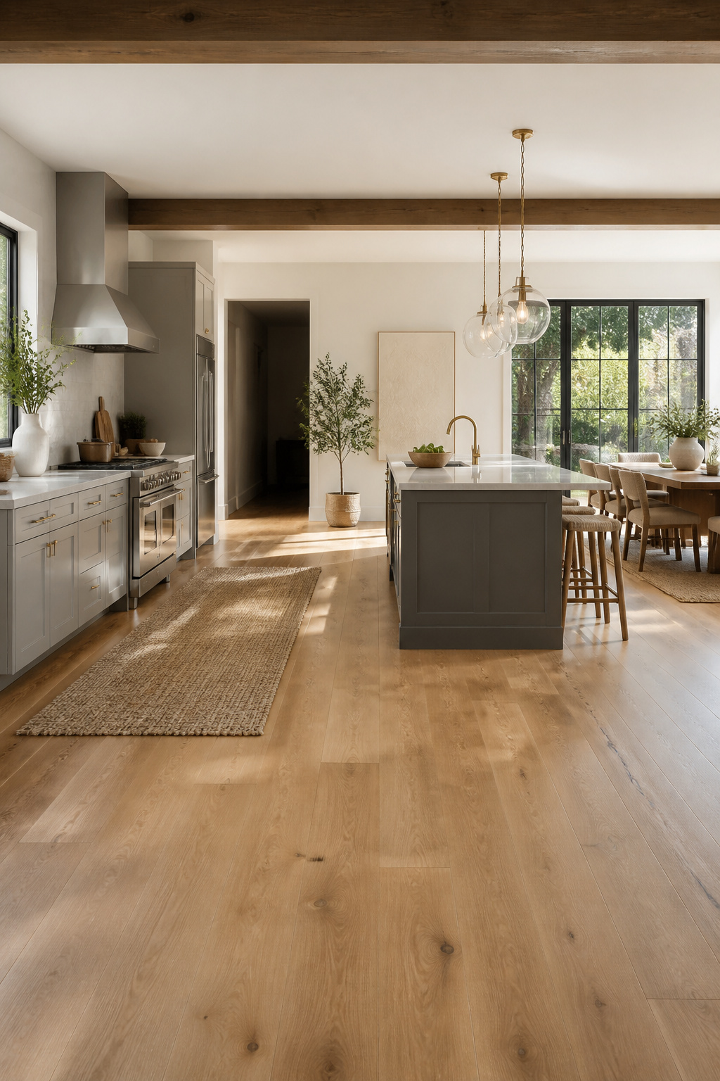 Elegant kitchen featuring engineered hardwood flooring with visible grain.