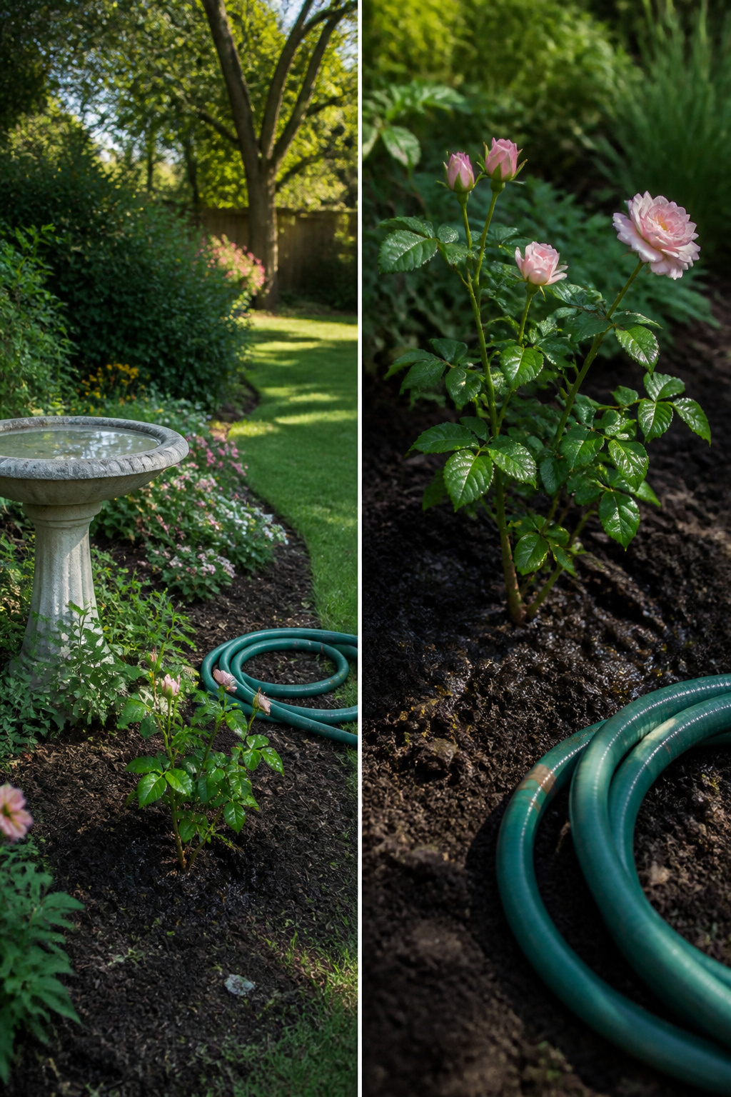A watering can next to a New Dawn rose bush in a garden.