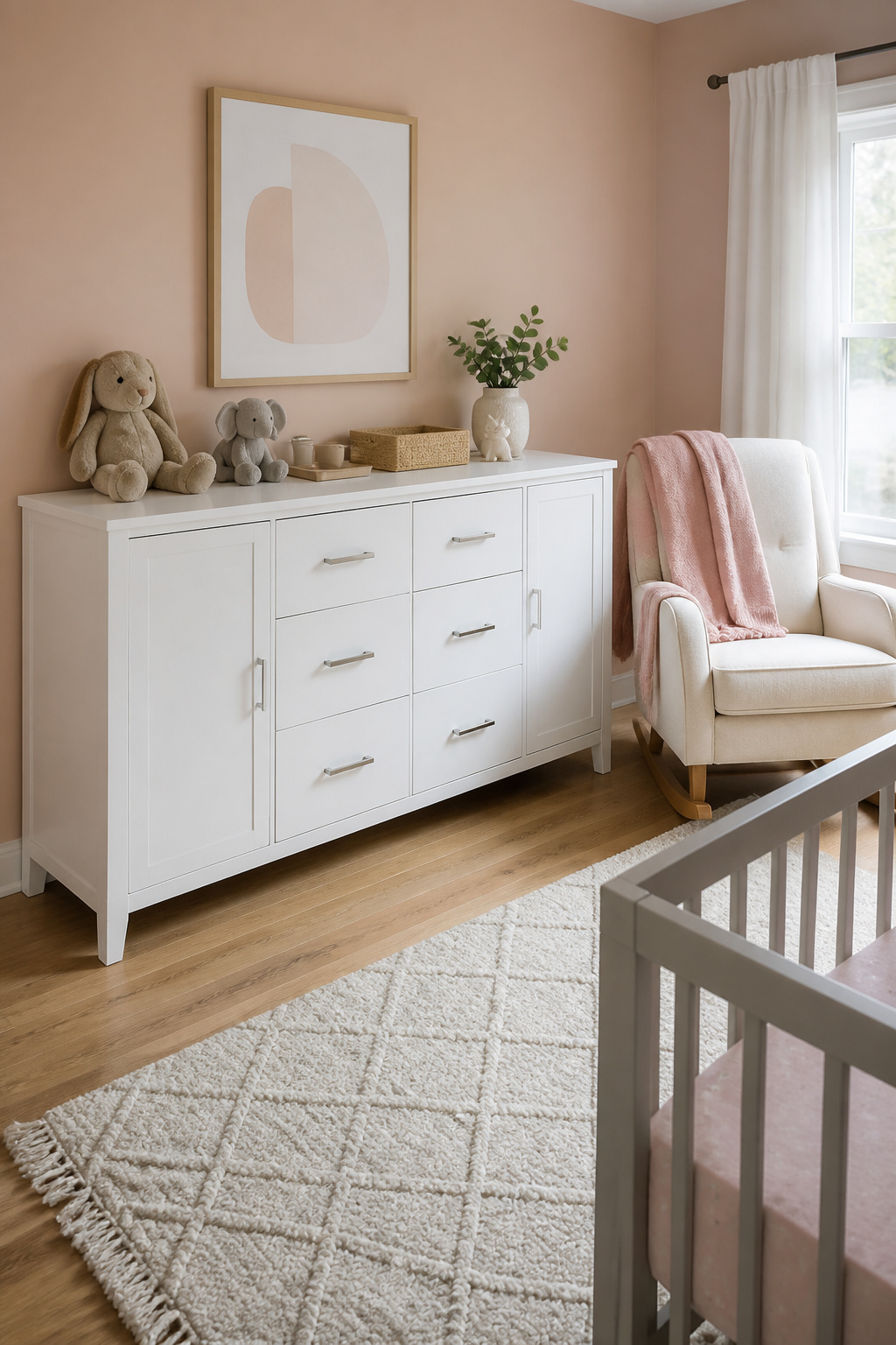 Surfside dresser in a nursery with plush toys and baby books.