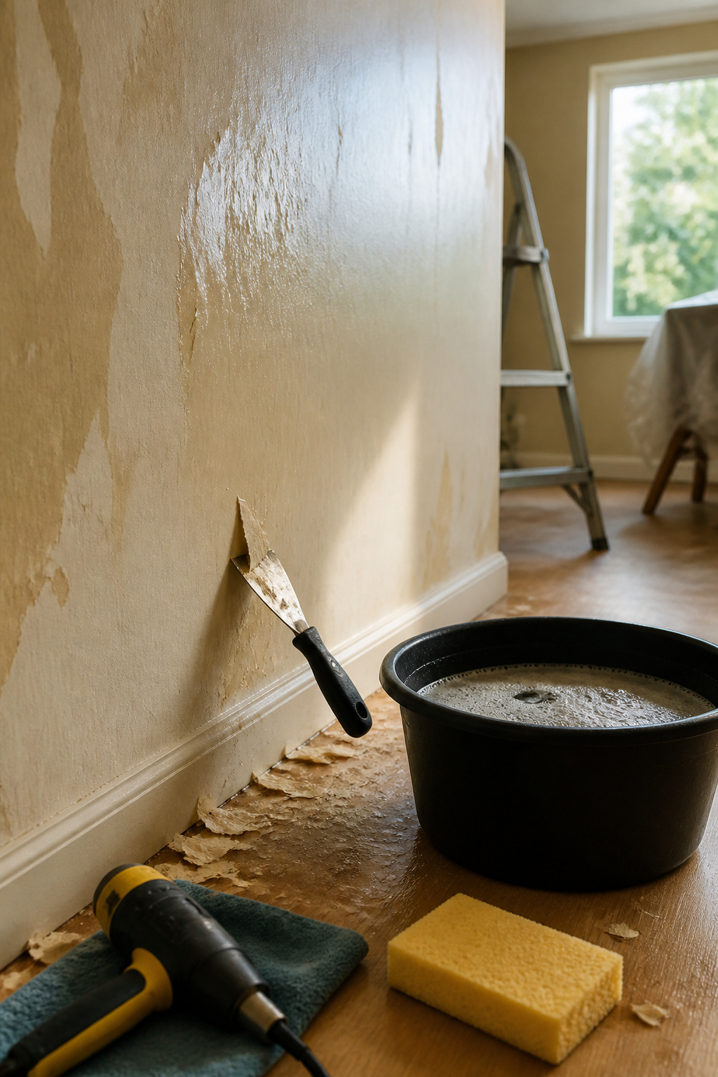 Plastic scraper lifting adhesive residue from a wall.