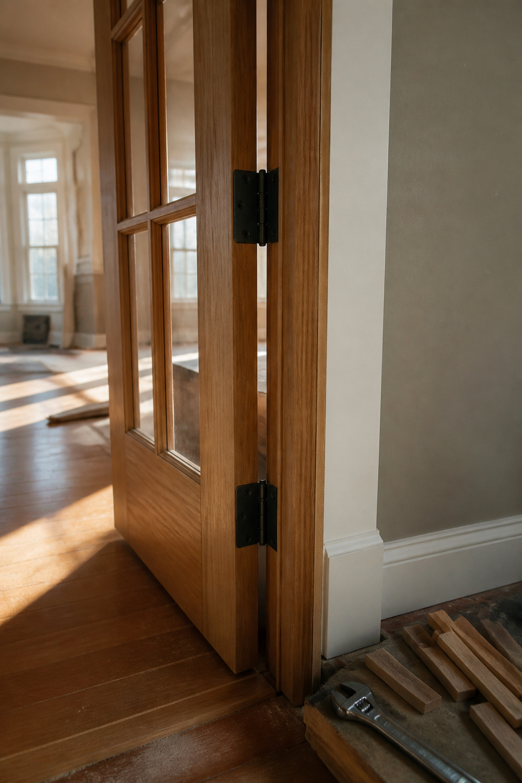 French doors being hung, focusing on the hinges and panel gaps.