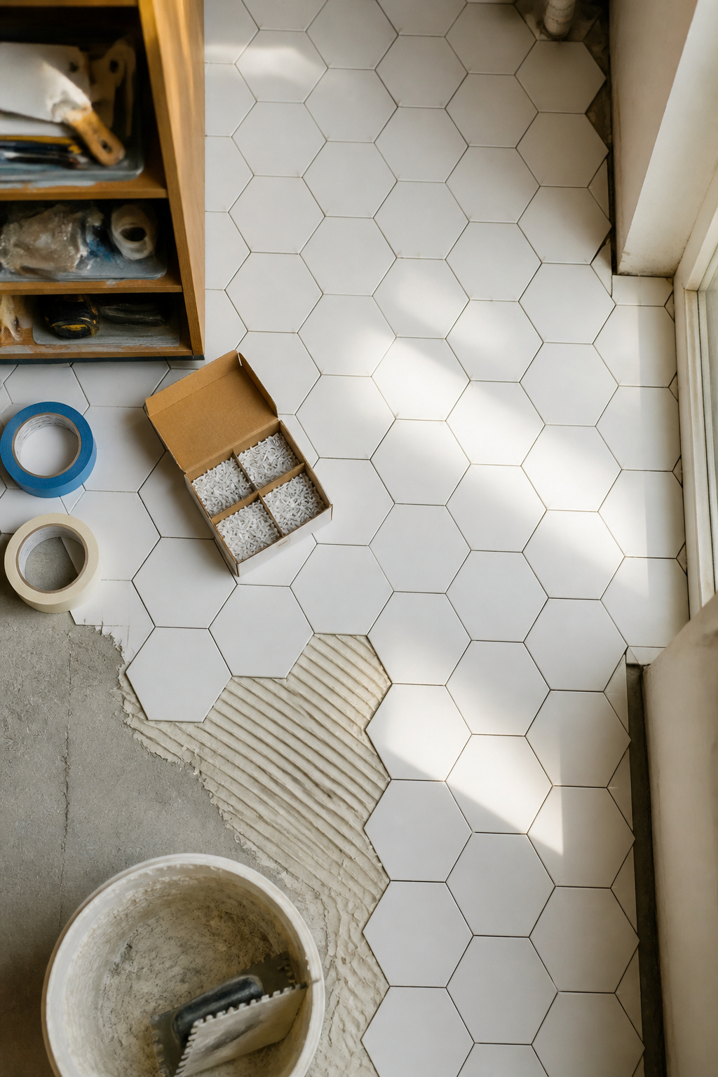 White Hexagon Tile Floor: Materials, Specs and Installation Guide 5 Box of Rubi 1/8in. Leave-in Tile Spacers for tile laying.