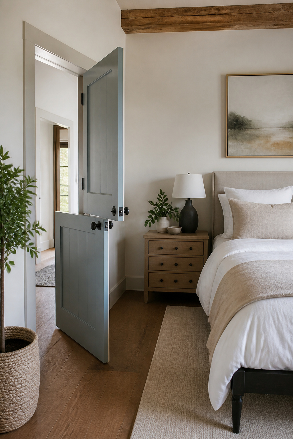 A pastel-colored Dutch door with a horizontal split is shown.