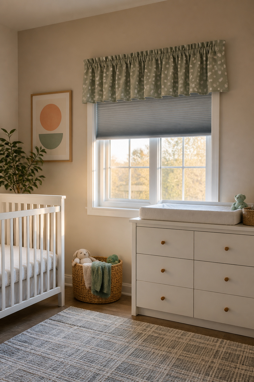 Fabric valance in a nursery hiding the hardware of shades.