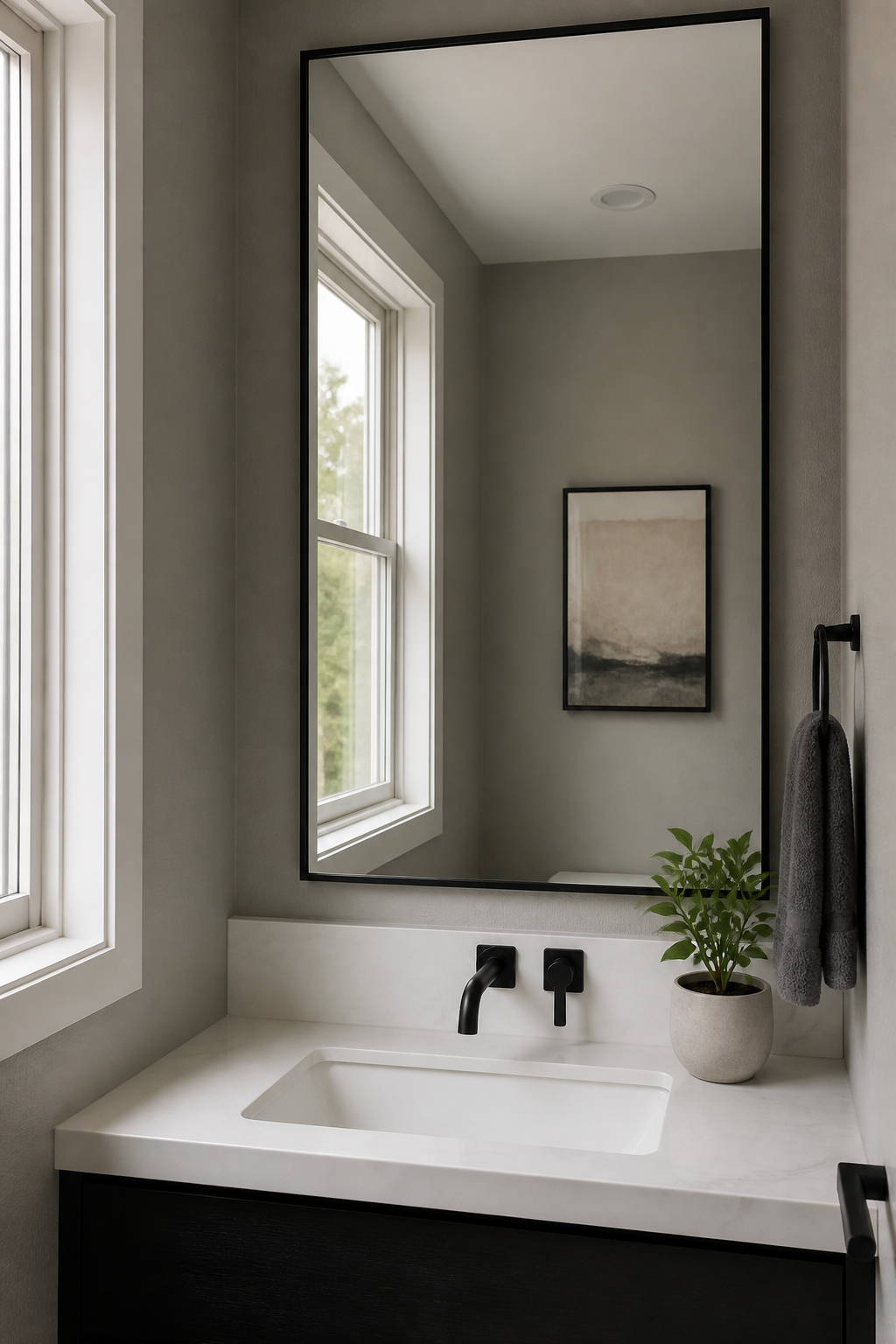 11 Half Bath Renovation Ideas for Style on a Budget (2026) 5 A frameless mirror above a sink in a small half bath.