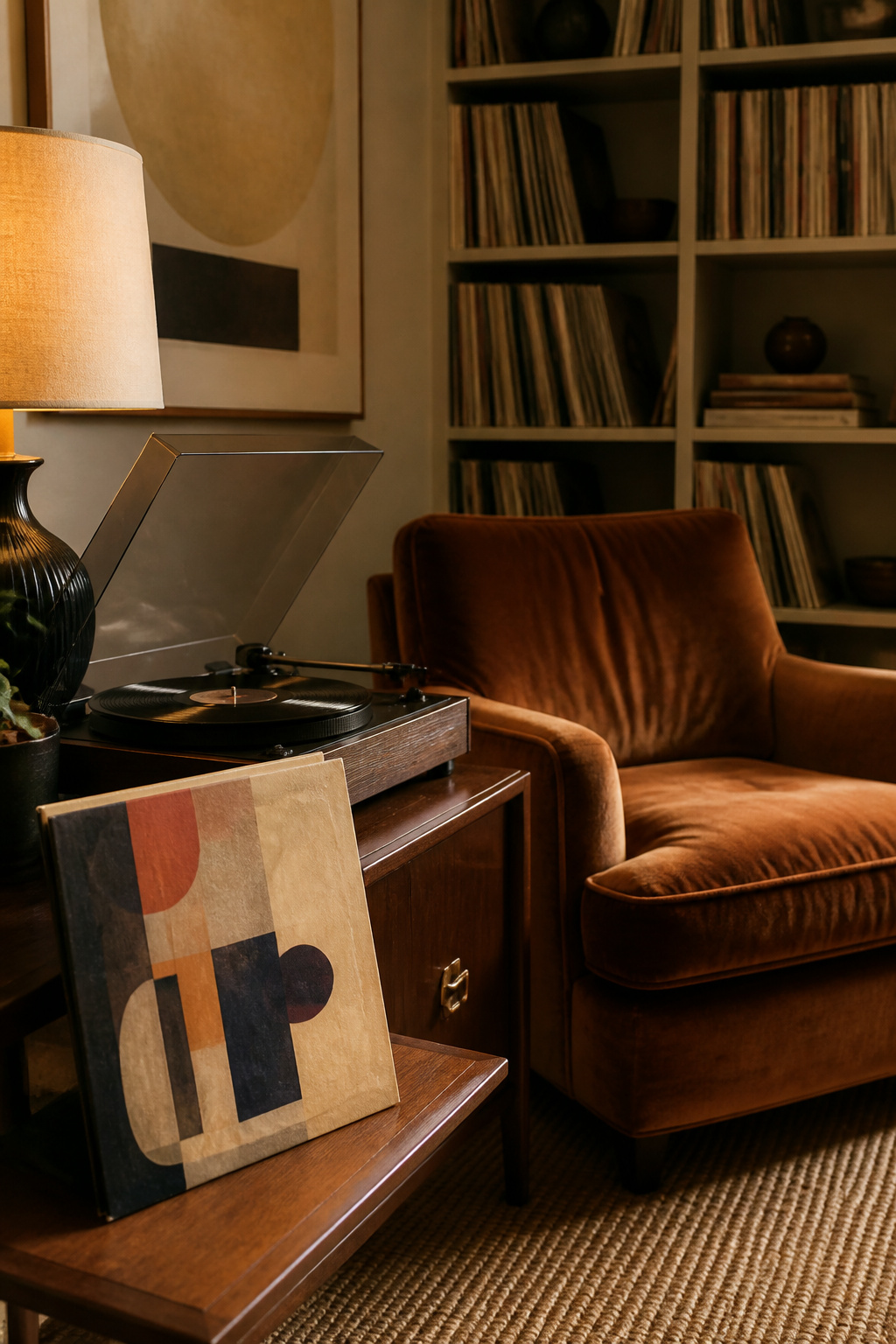 A record player with an album cover and a plush armchair nearby.