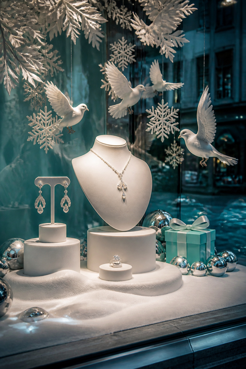 Elegant holiday window display at Tiffany & Co. featuring jewelry.