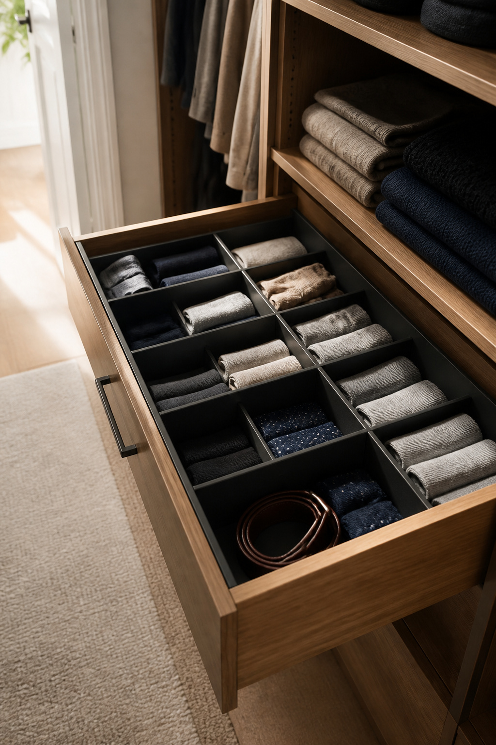 A drawer with coated steel dividers holding neatly folded clothing.