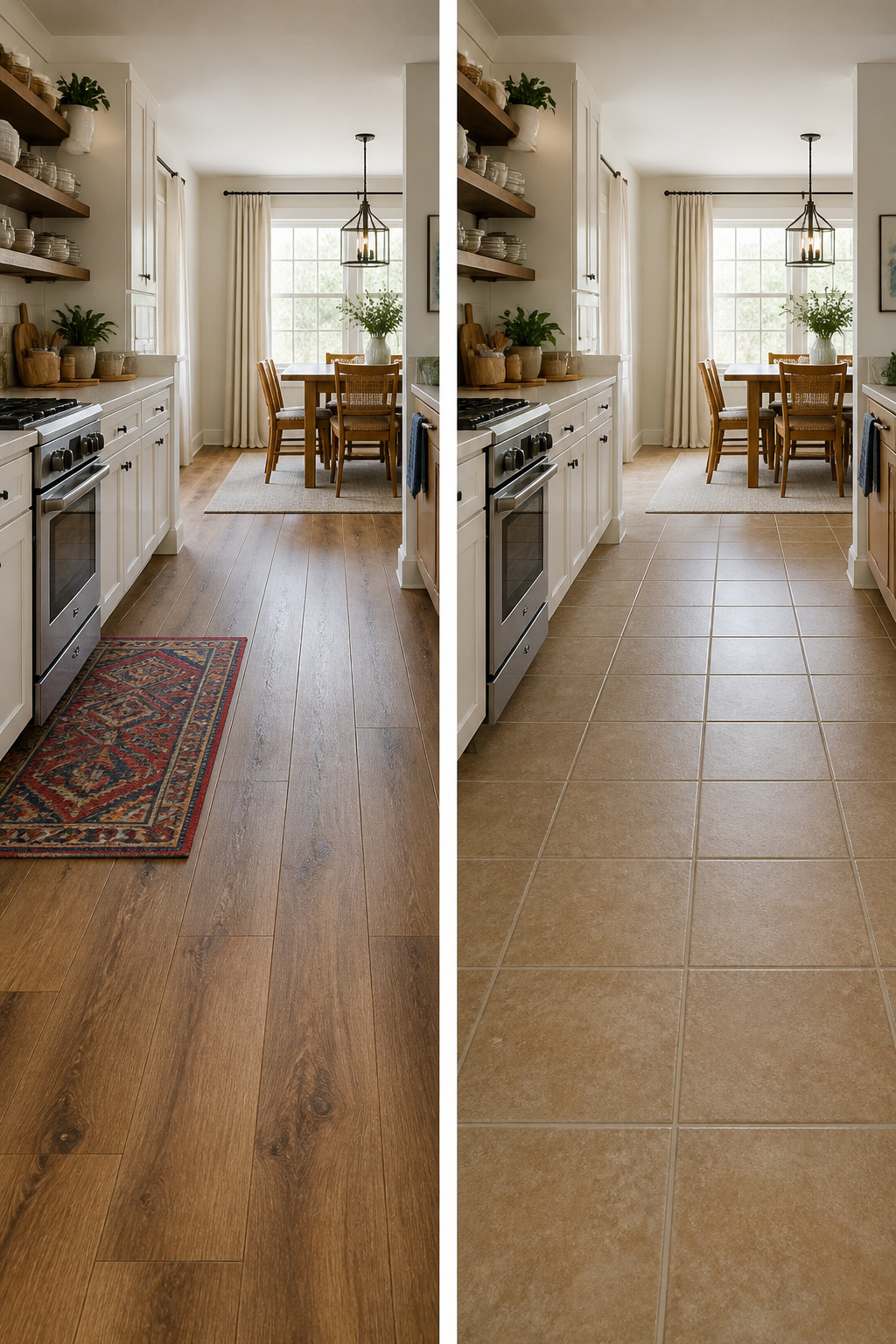 Kitchen floor showcasing laminate planks designed to resemble hardwood.