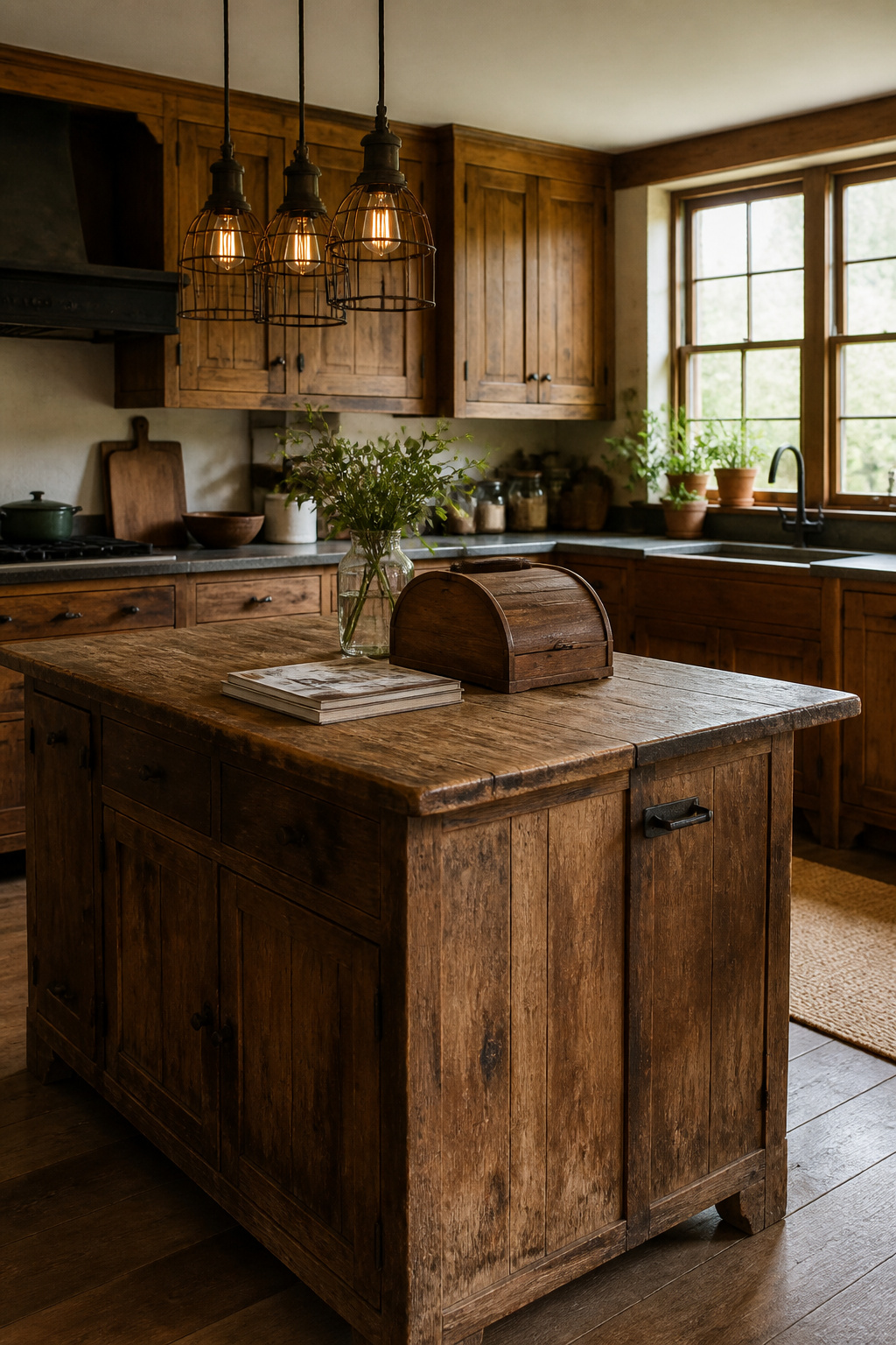 Farmhouse Kitchen Ceiling Lights: 6 Ideas for Every Style 5 Industrial cage lights hanging above a wooden kitchen island.