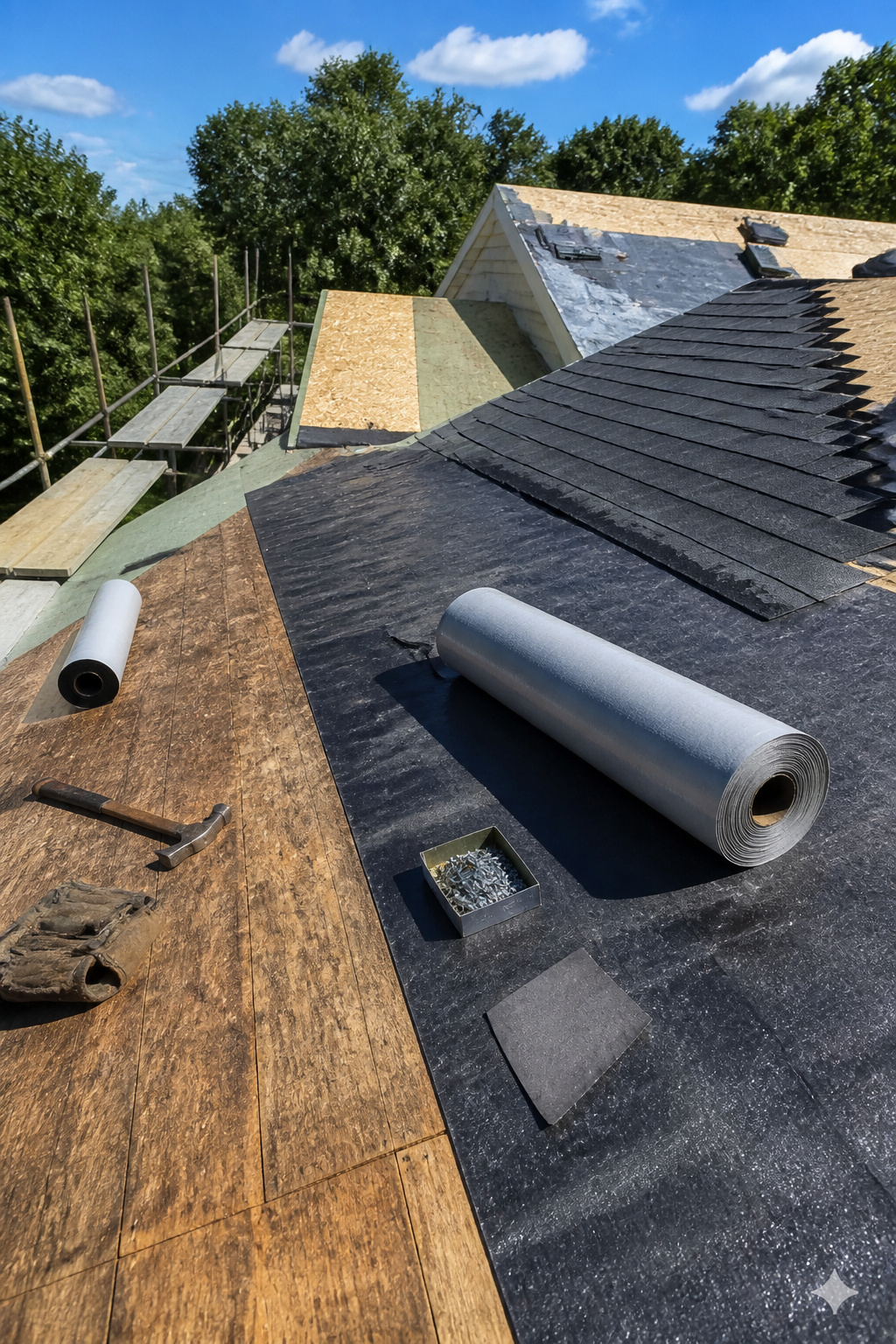 A high-angle view of a roof mid-installation with tools and materials.