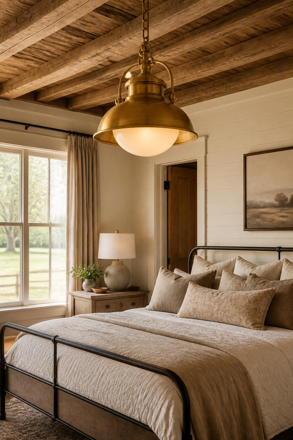 Farmhouse bedroom with vintage-style lighting fixtures and a ceiling fan.