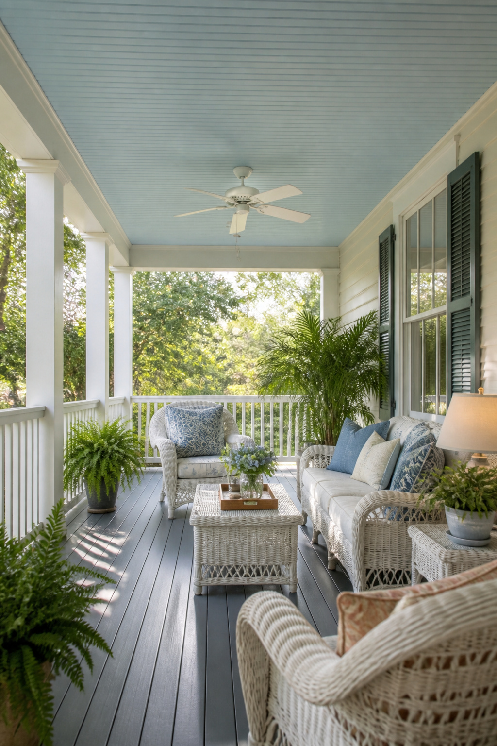 Haint Blue painted porch ceiling with wicker furniture below.