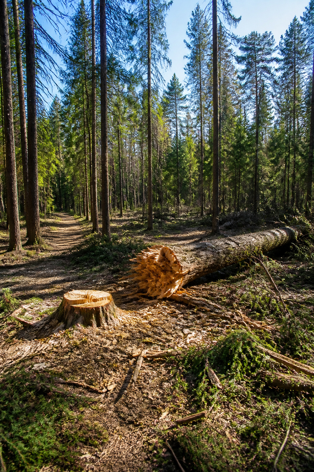A tree beginning to fall, with visible tension in the trunk.