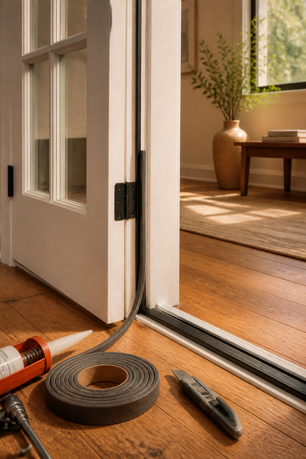 Self-adhesive foam tape is being applied to the door frame.