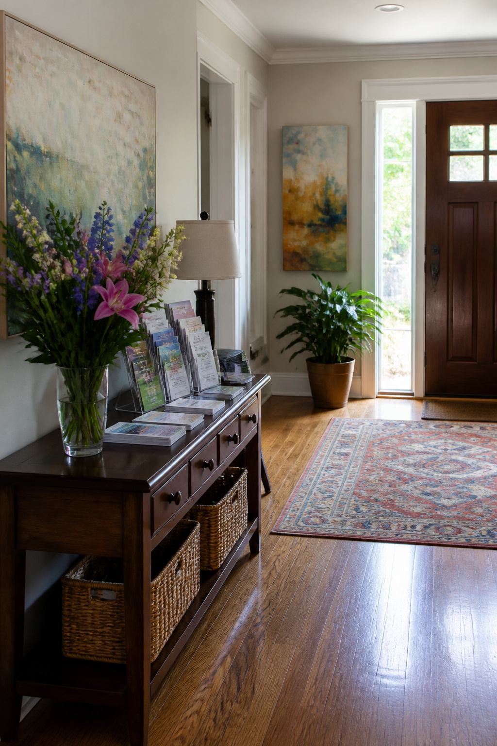 A bright entryway with floral arrangements and community resource brochures.