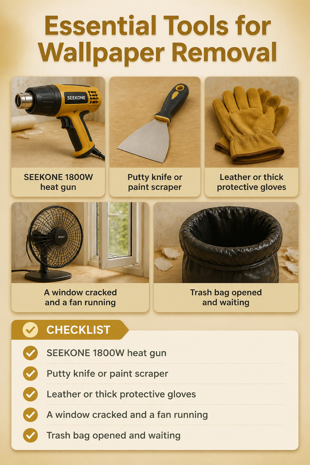 Heat gun, putty knife, gloves, and other tools on a table.