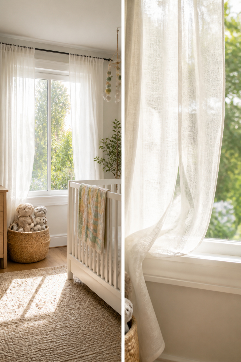 Soft sheer curtains covering a nursery window.