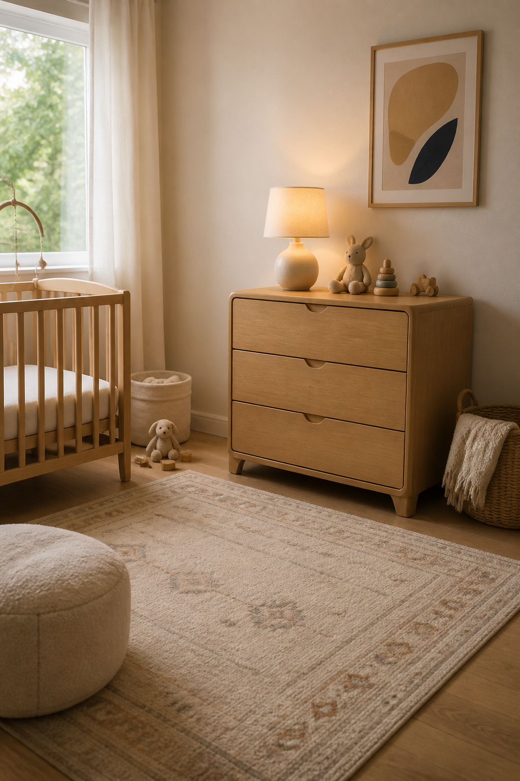 Wes 3-Drawer Wood Dresser displayed in a nursery setting.