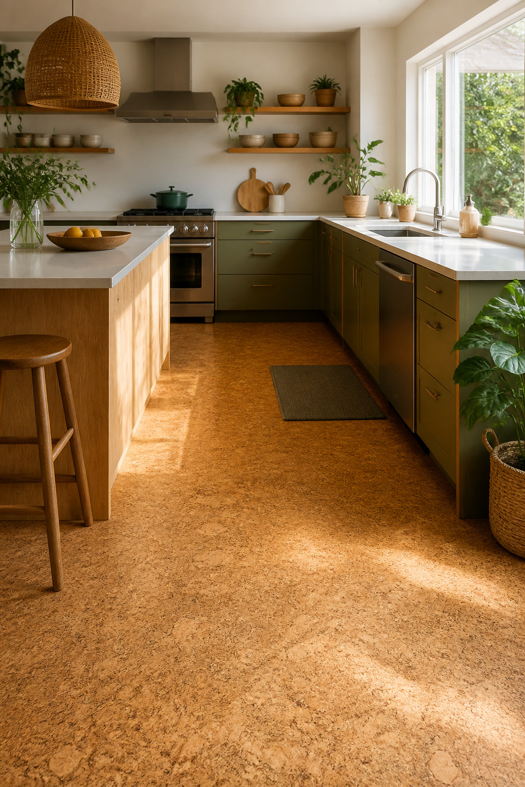 Eco-friendly kitchen with cork flooring and natural wood accents.