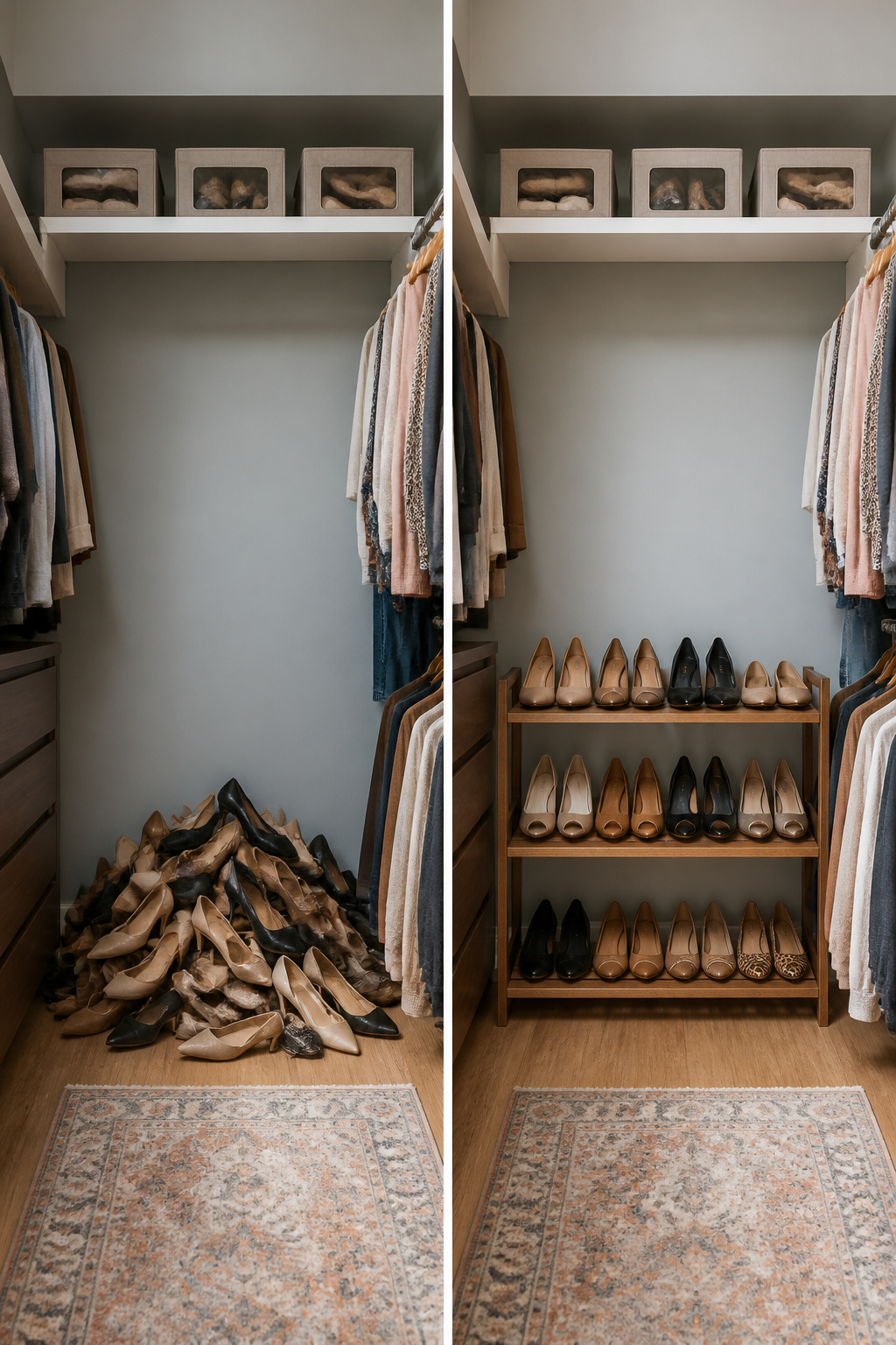 A three-tier slatted shoe rack displaying various shoes.