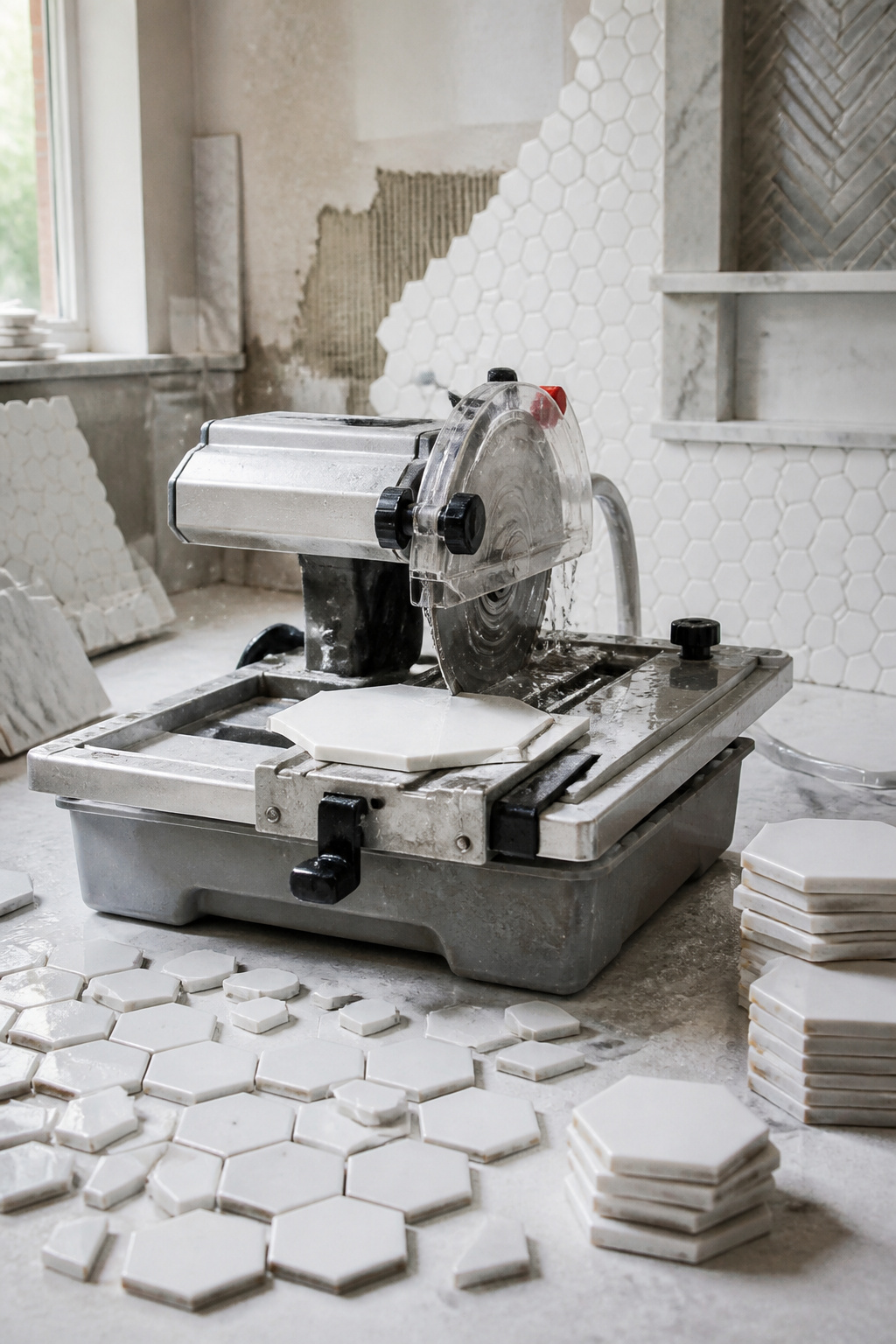 White Hexagon Tile Floor: Materials, Specs and Installation Guide 6 Sentinel 7in. Tabletop Wet Saw for cutting hexagon tiles.