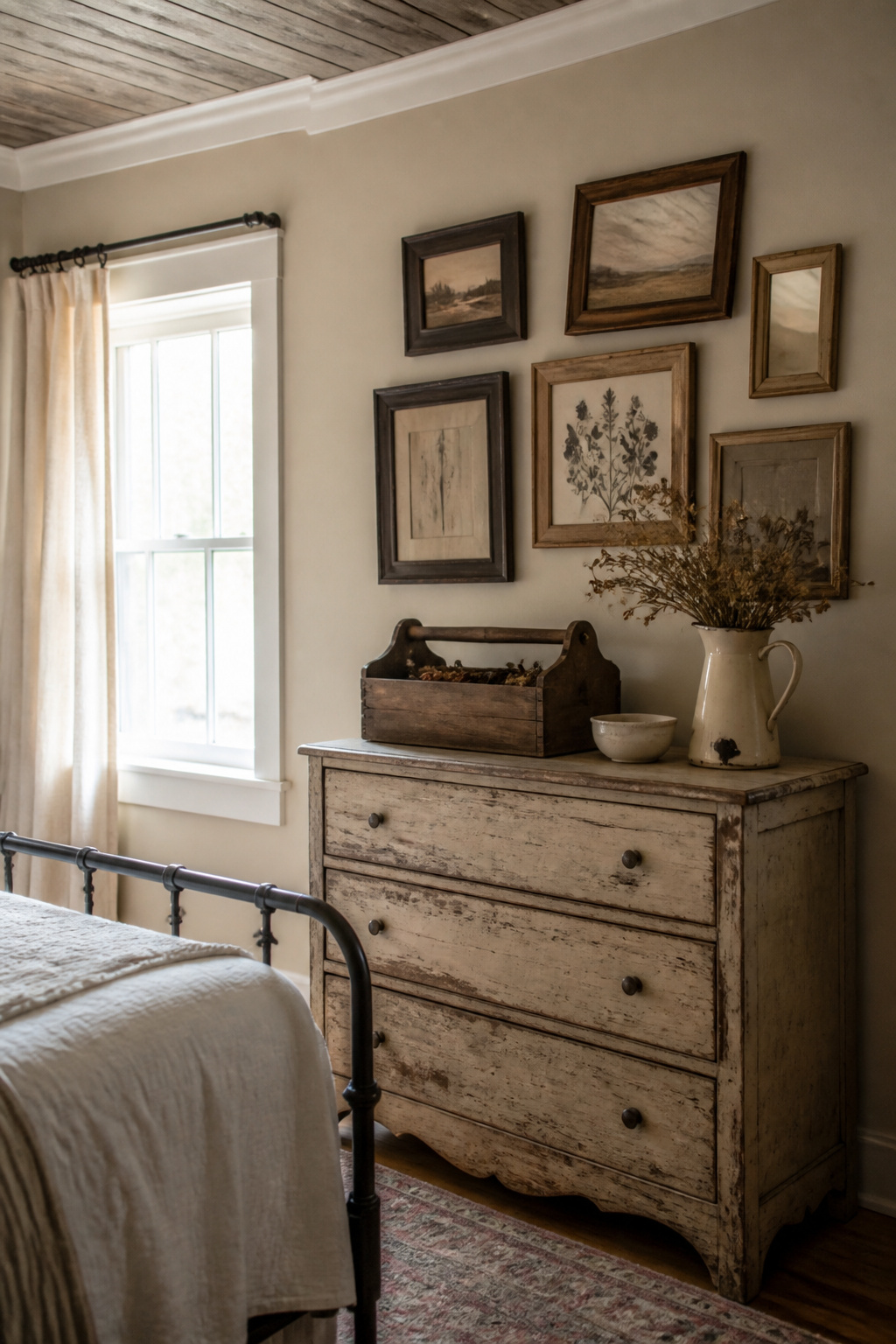 Farmhouse bedroom corner with mismatched frames and personal decor.