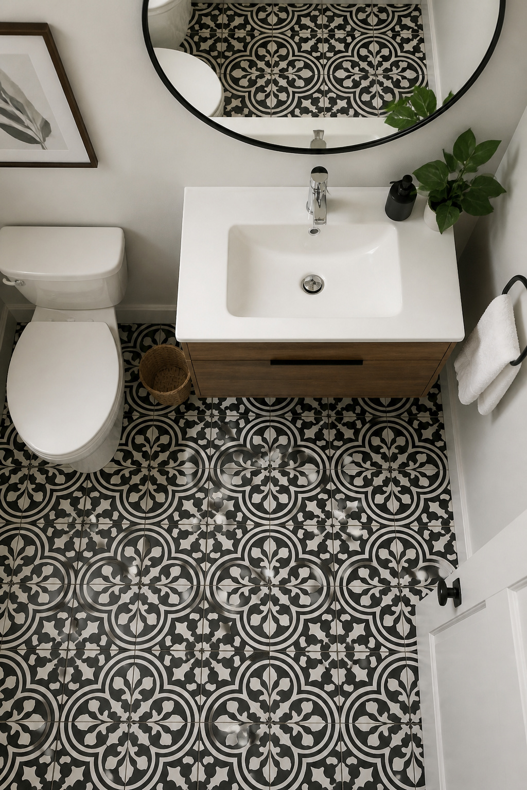 11 Half Bath Renovation Ideas for Style on a Budget (2026) 6 A half bath with bold patterned flooring and subtle textures.