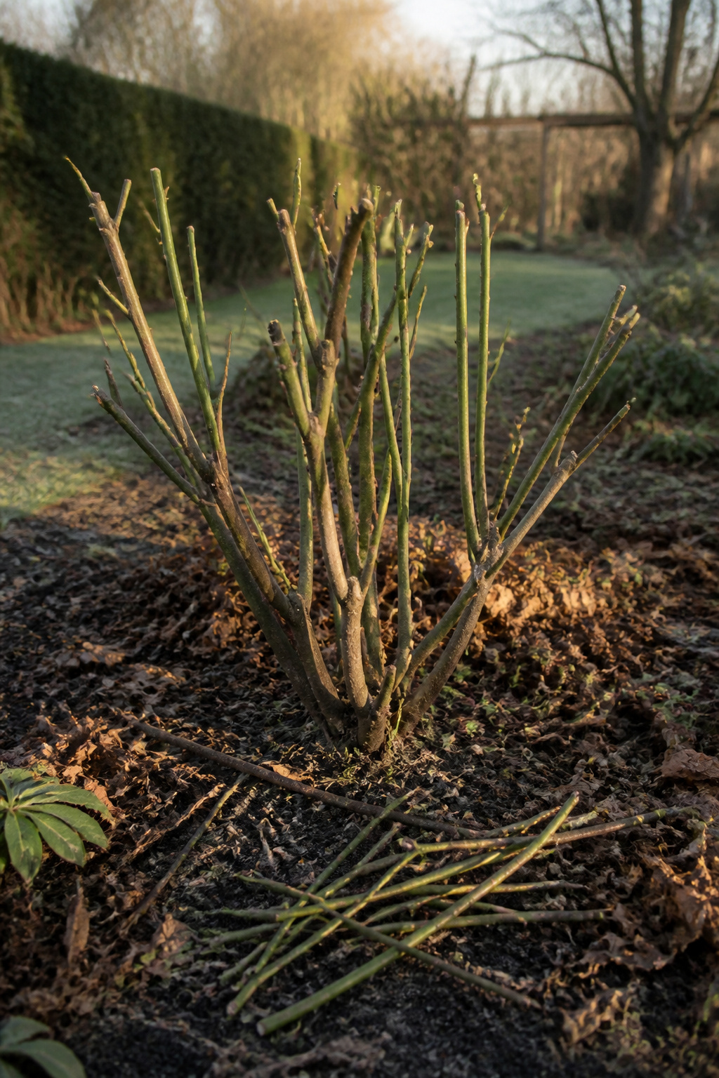 A pruned New Dawn rose bush in a winter garden setting.