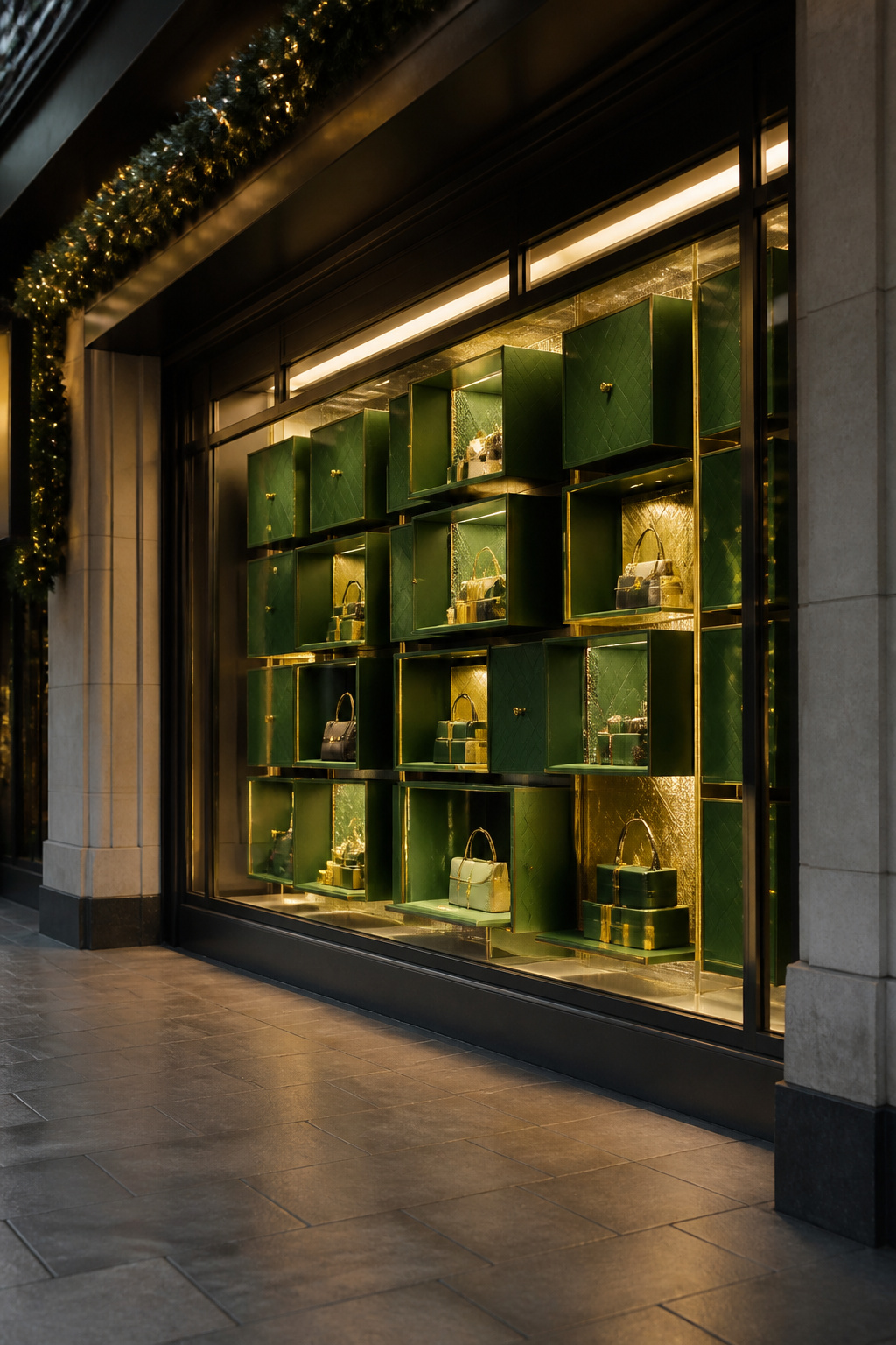 Interactive holiday window display at Gucci with emerald green boxes.