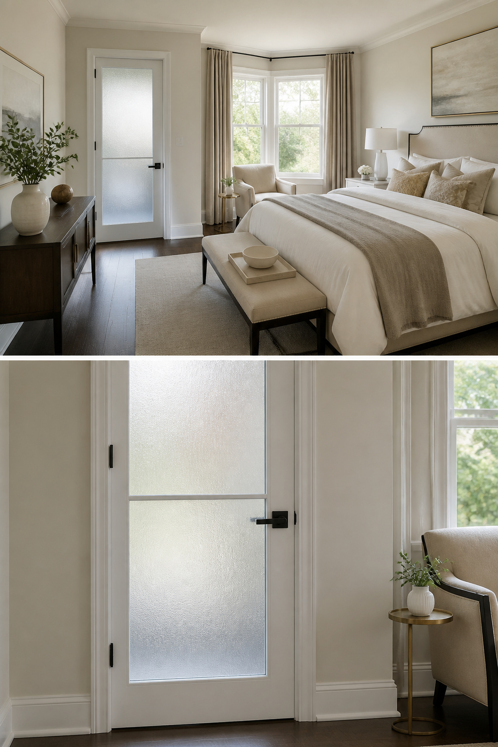 A glass door with privacy film installed for added discretion.
