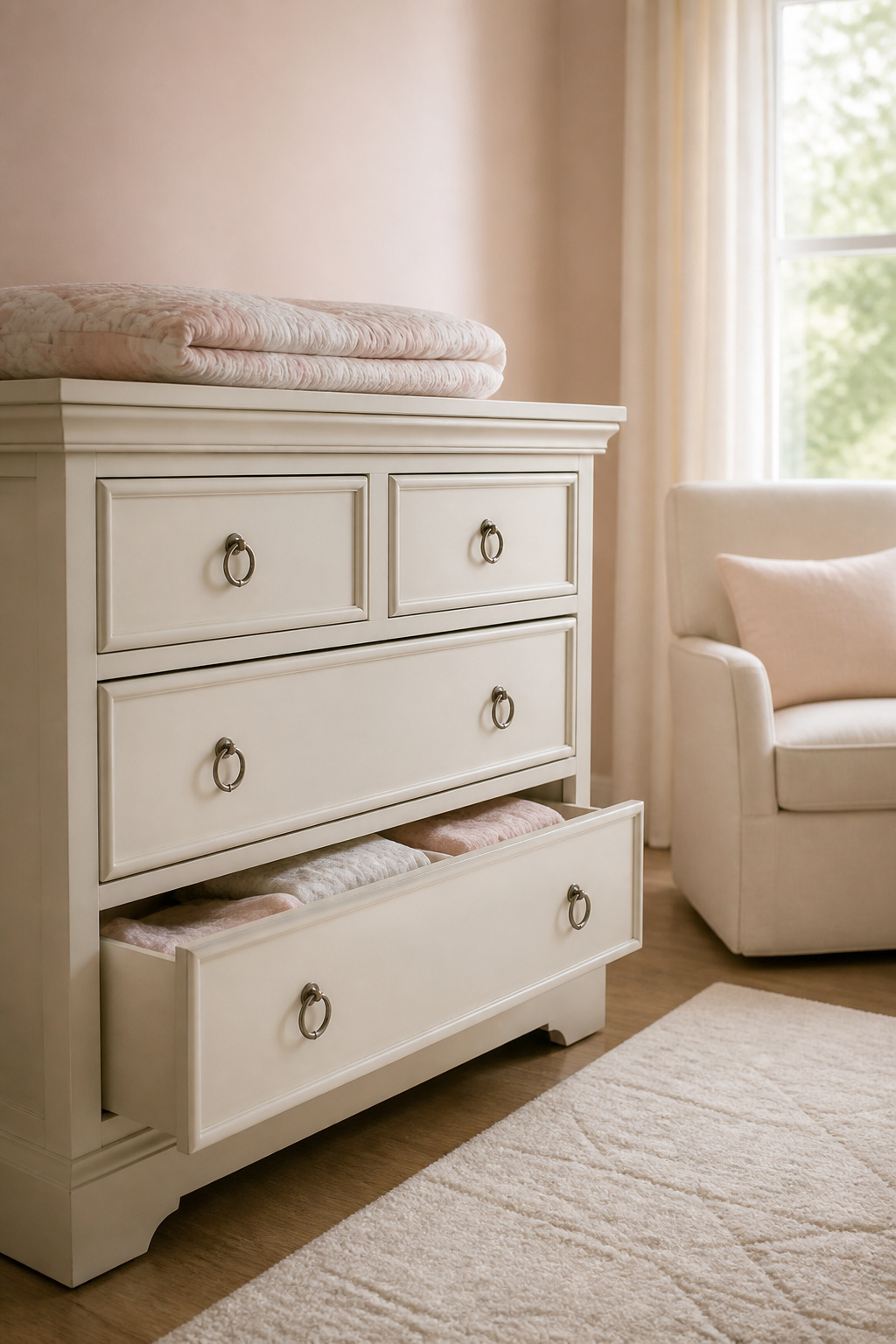 Namesake Emma Regency dresser with traditional design in a nursery.