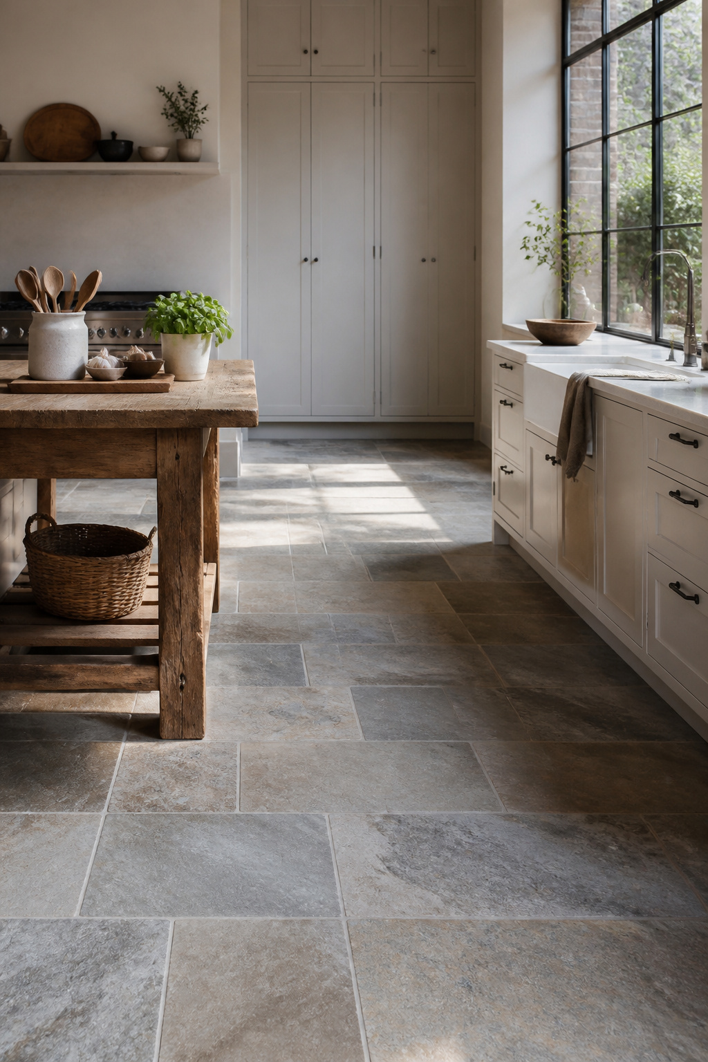 Sophisticated kitchen with natural stone tiles in grey and beige tones.