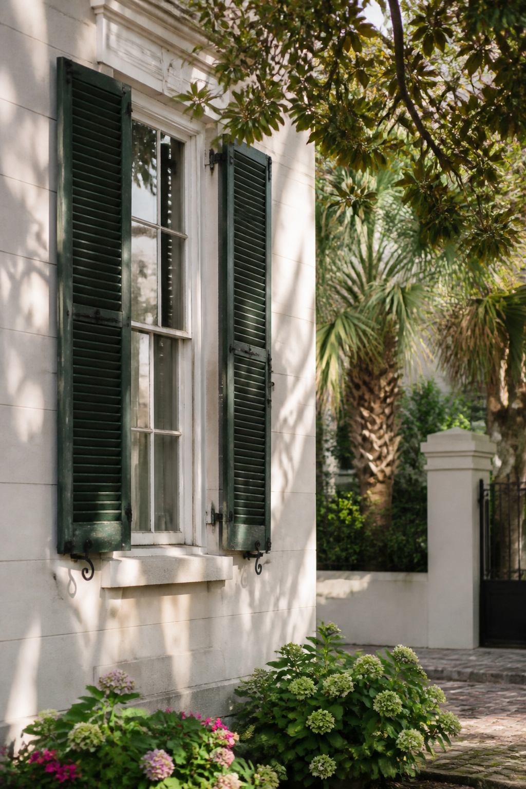 Historic building with worn shutters in the Charleston Green color.