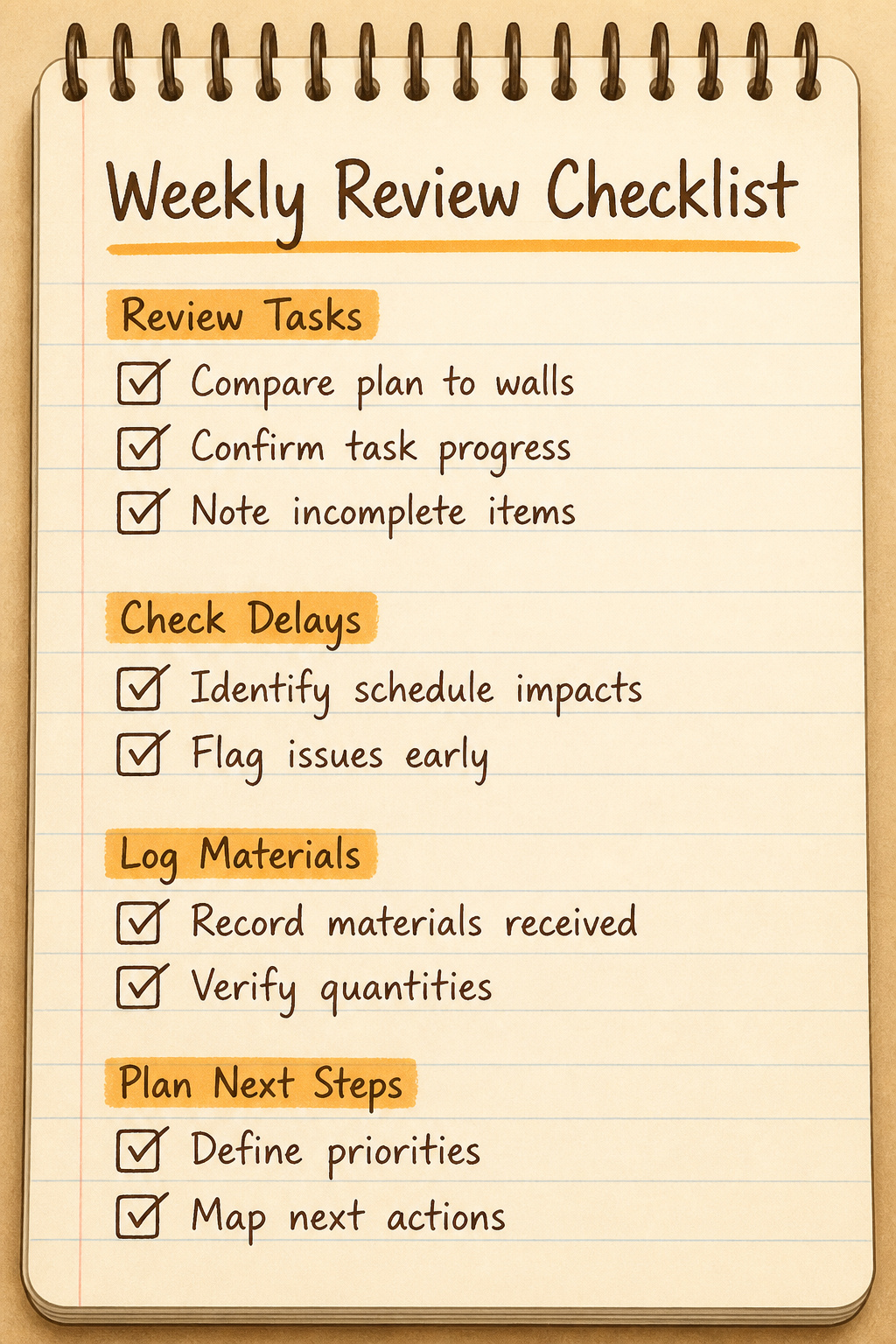 A checklist used during a weekly review of a renovation project.