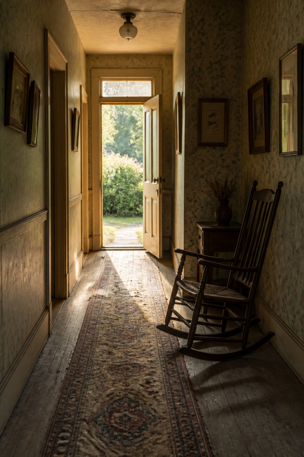A hallway with fading wallpaper and sunlight streaming through a door.