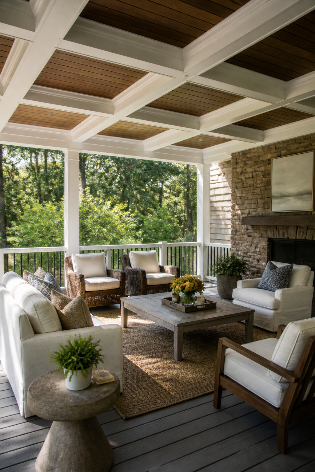Coffered ceiling with beams in an outdoor porch setting.