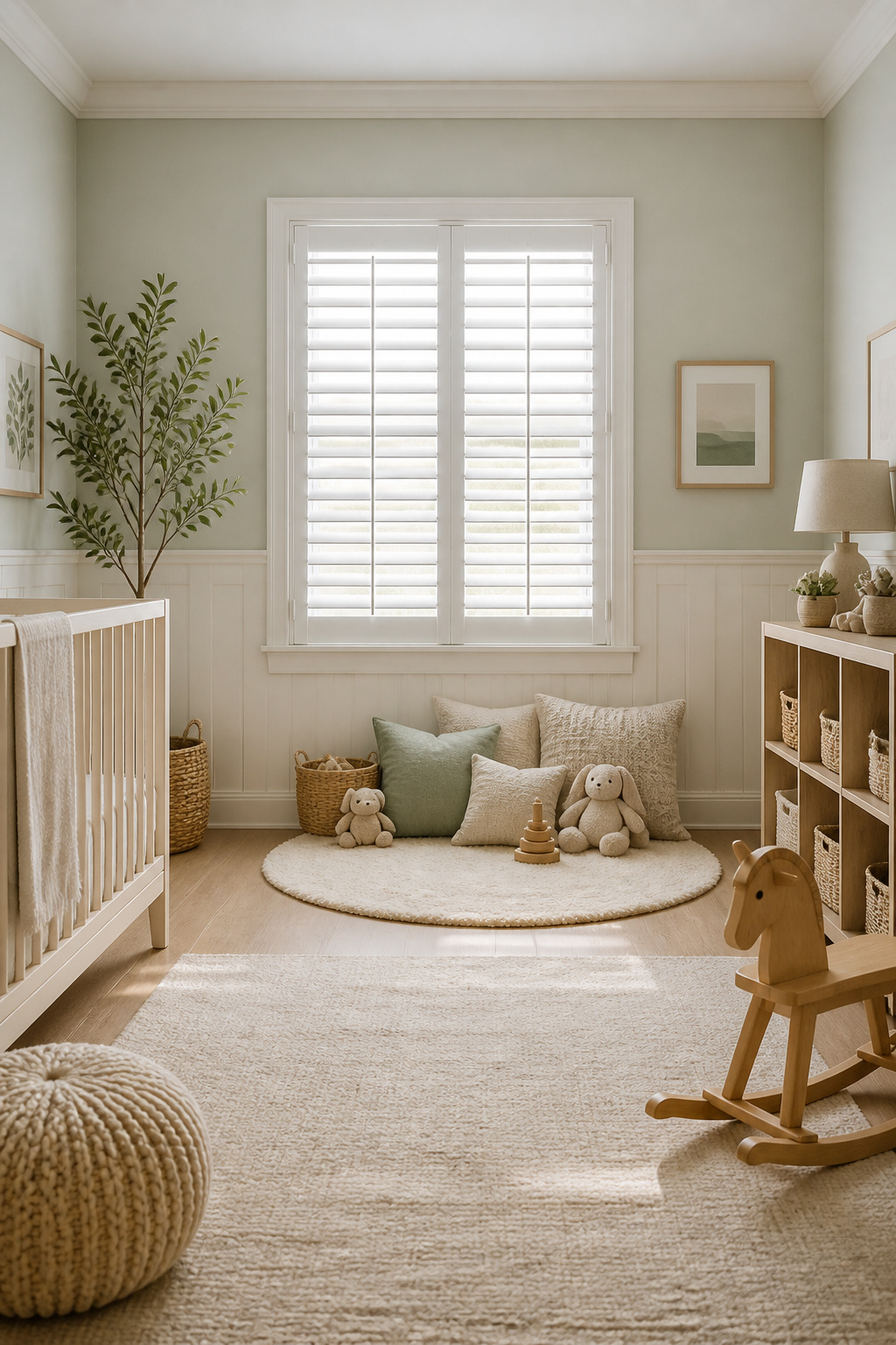 Plantation shutters installed on a nursery window.