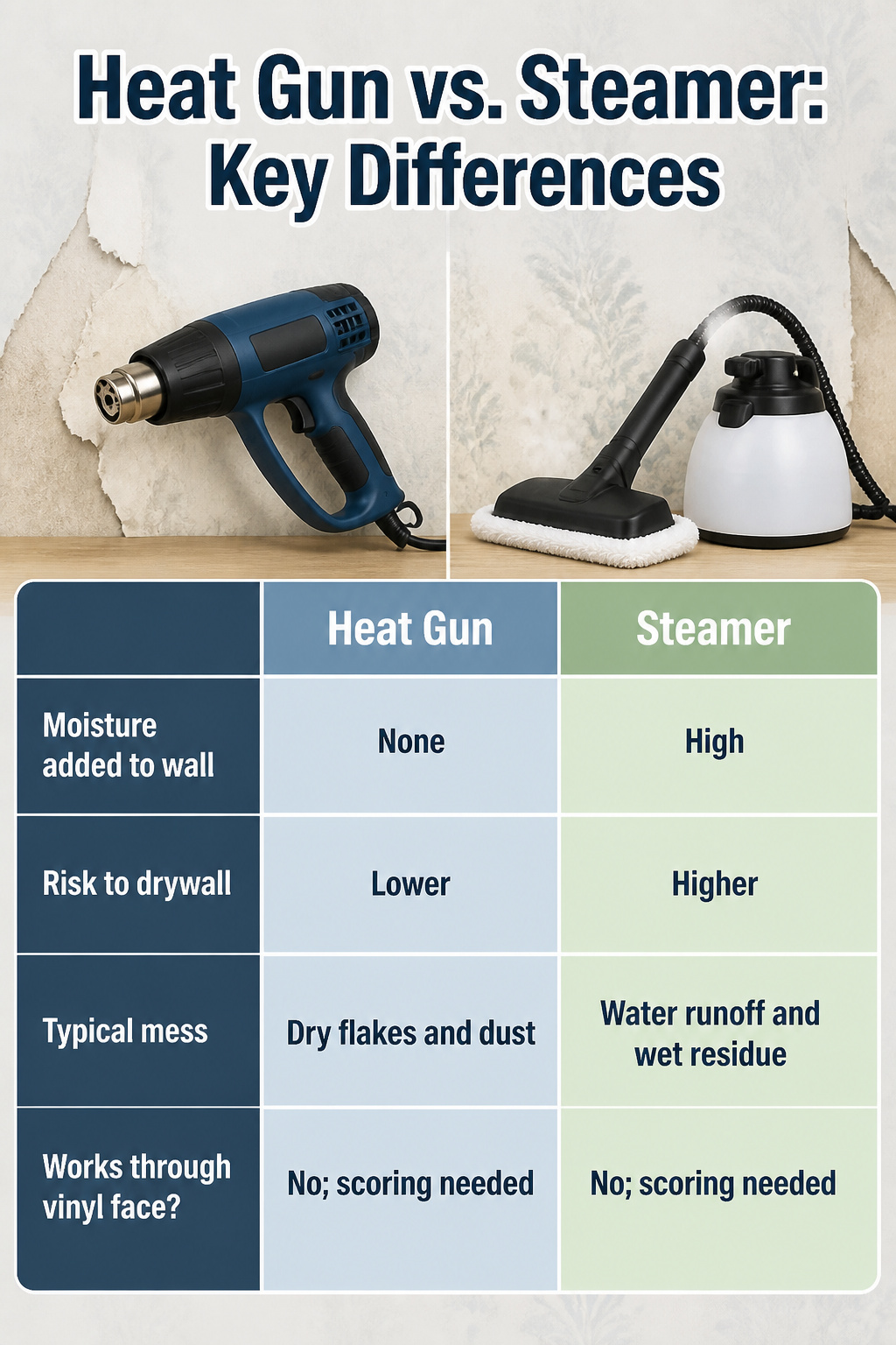 Chart comparing heat gun and steamer for wallpaper removal.