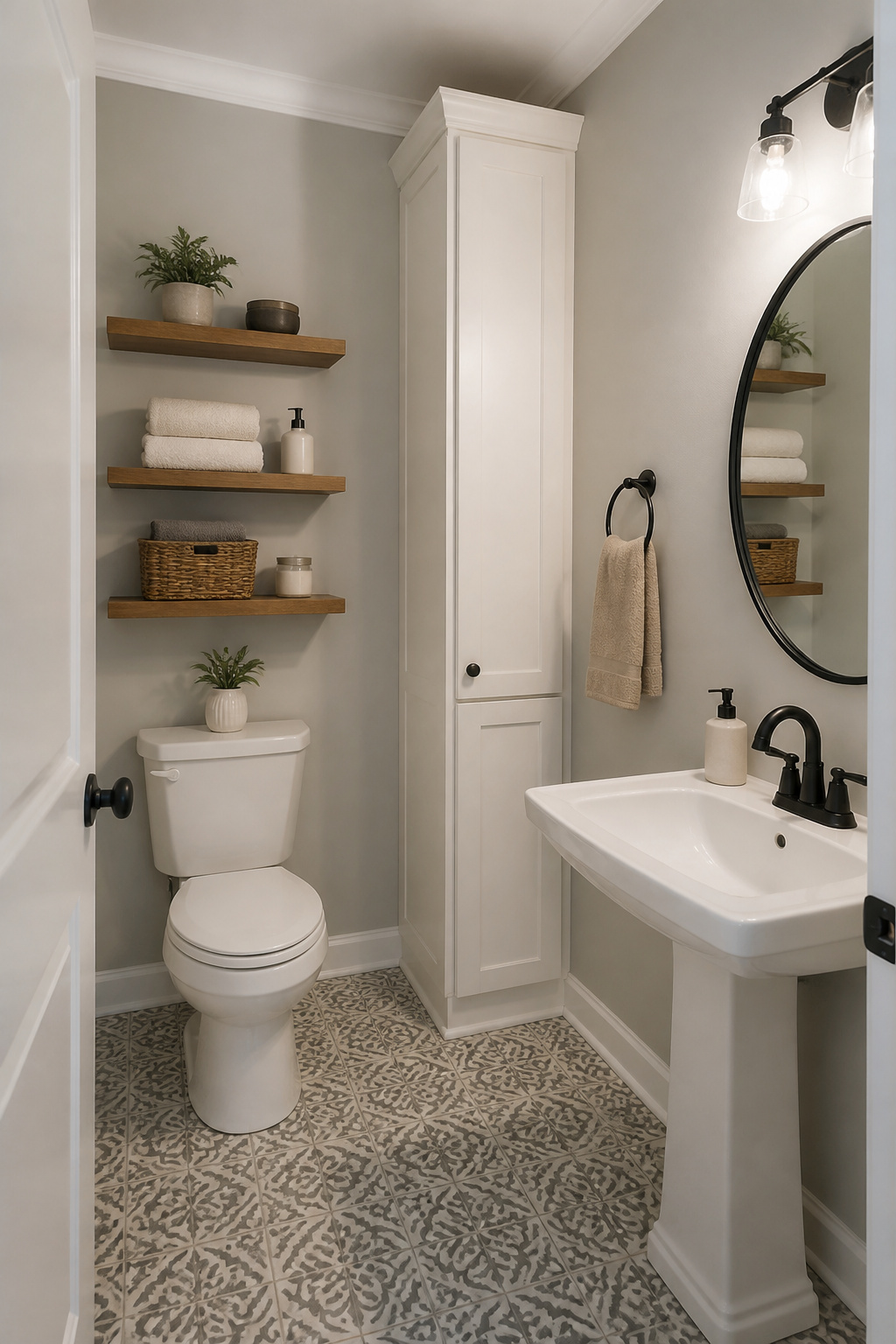 11 Half Bath Renovation Ideas for Style on a Budget (2026) 7 Floating shelves and a narrow cabinet above the toilet in a half bath.