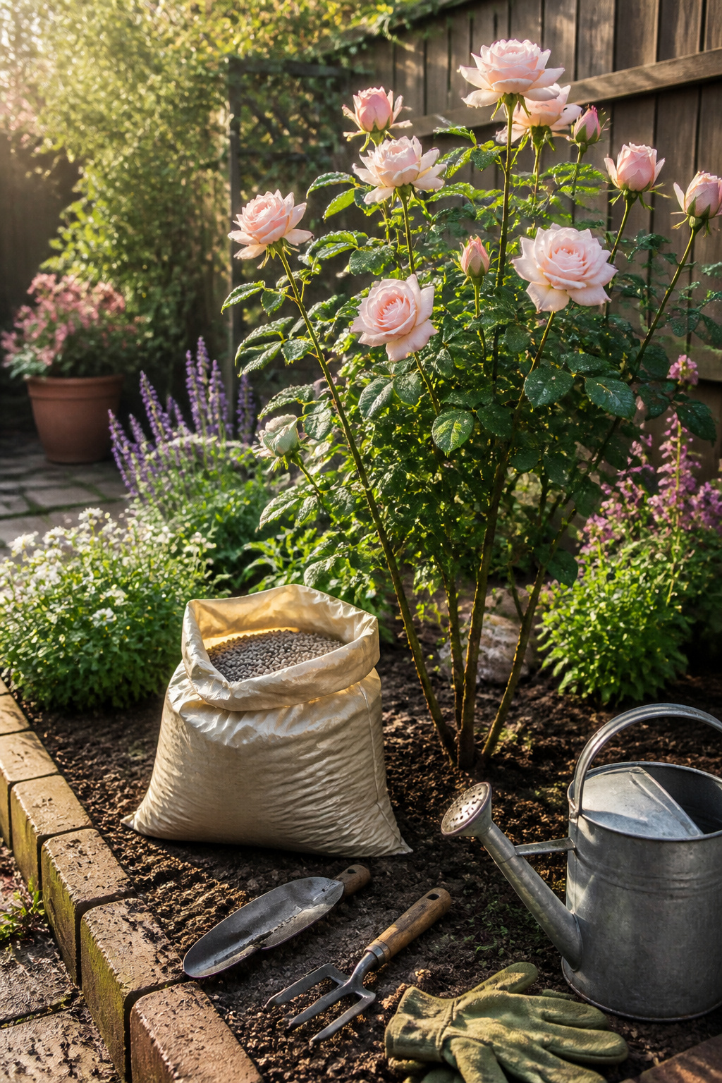 A New Dawn rose with organic granular fertilizer at its base.