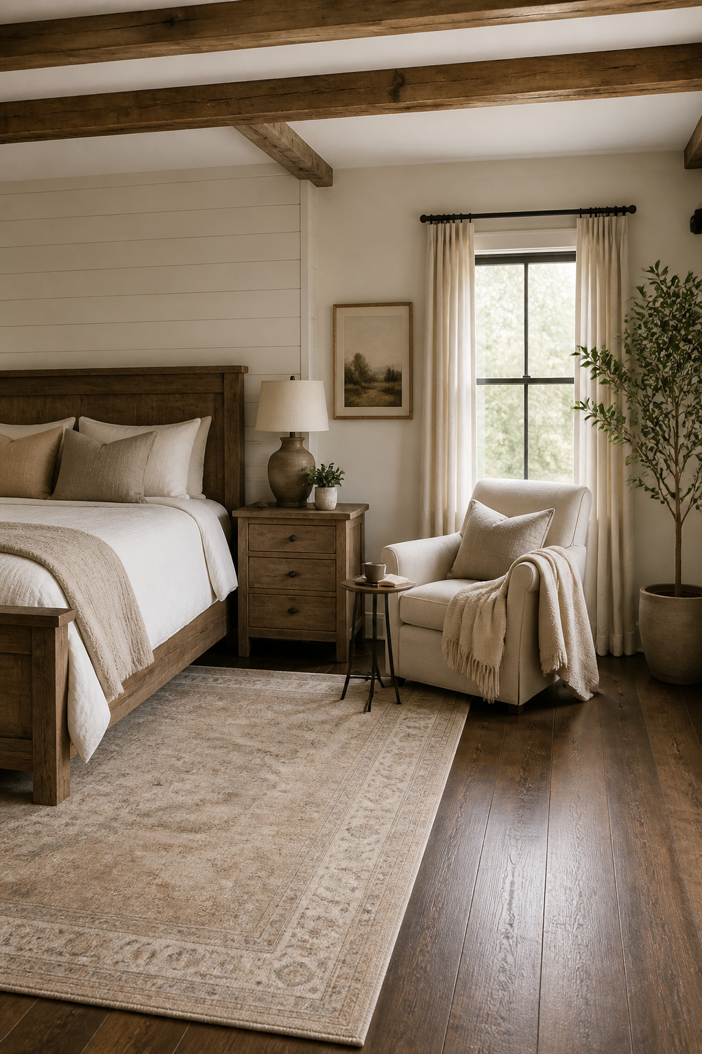Farmhouse bedroom seating area with an armchair and side table.
