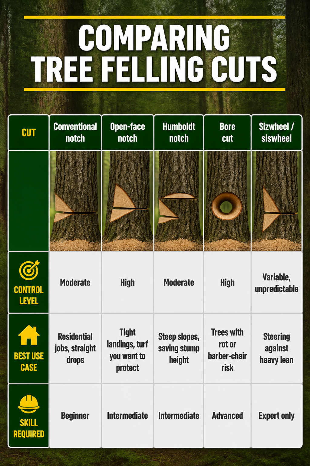 A chart comparing different notch cuts for tree felling.