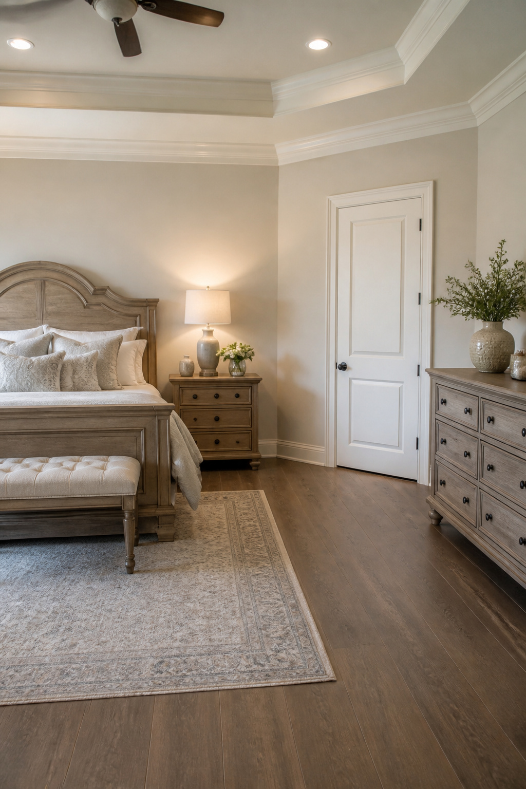 A traditional panel door with raised molding fits seamlessly into the room.