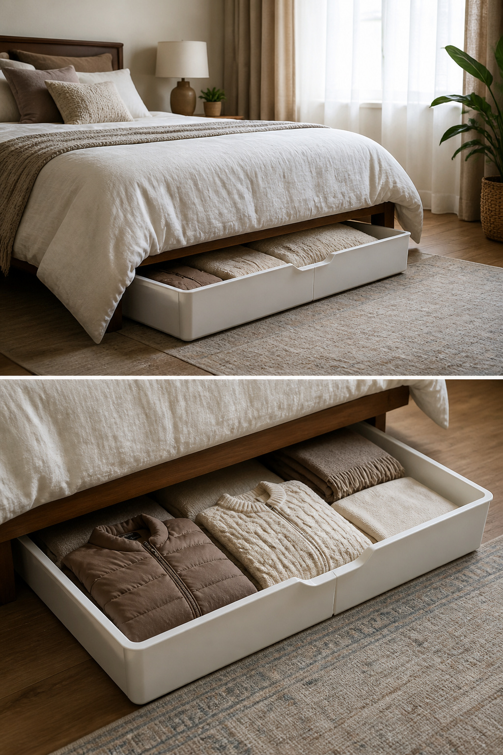 Under-bed storage drawers for off-season clothing.