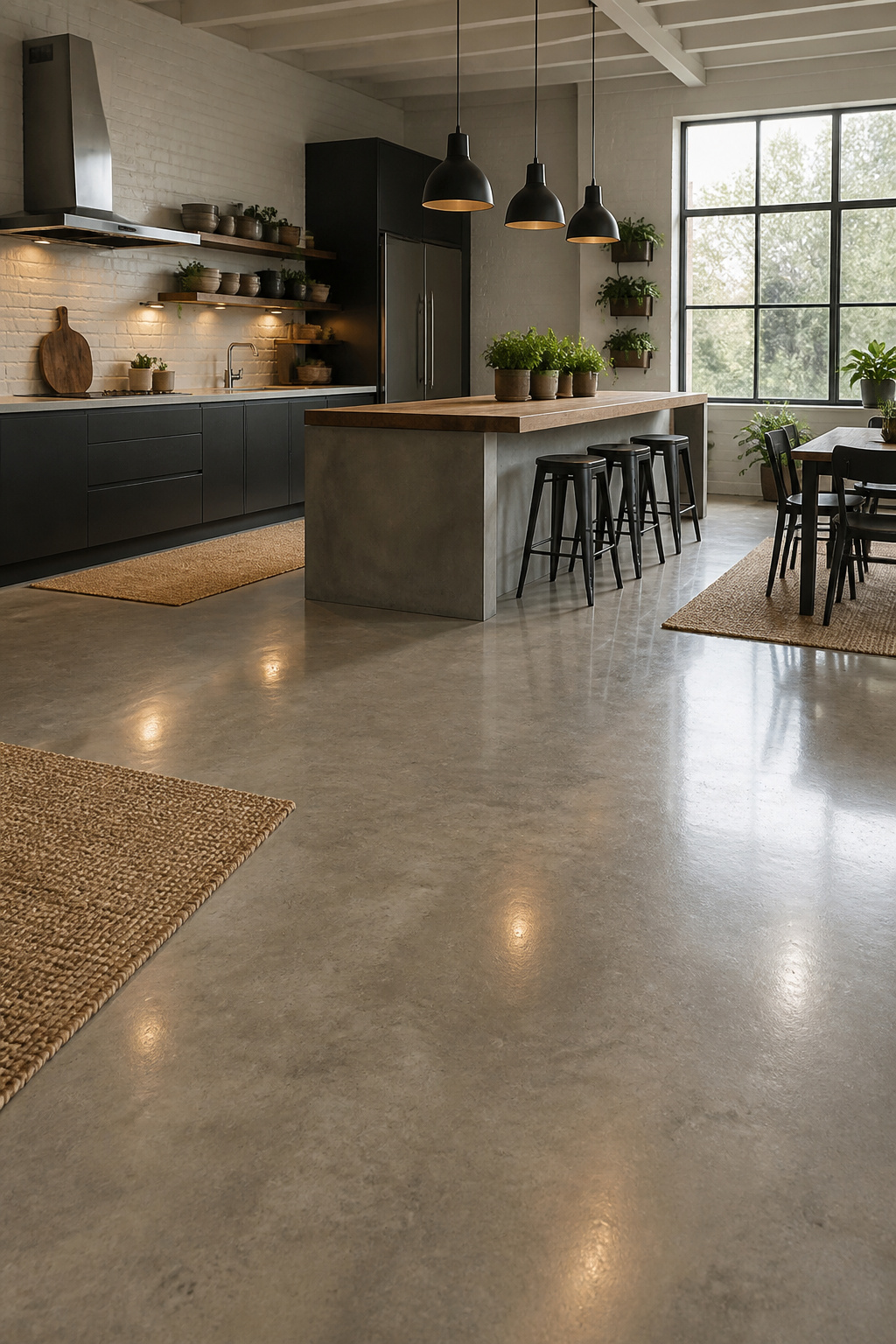 Kitchen featuring polished concrete flooring with an industrial design.