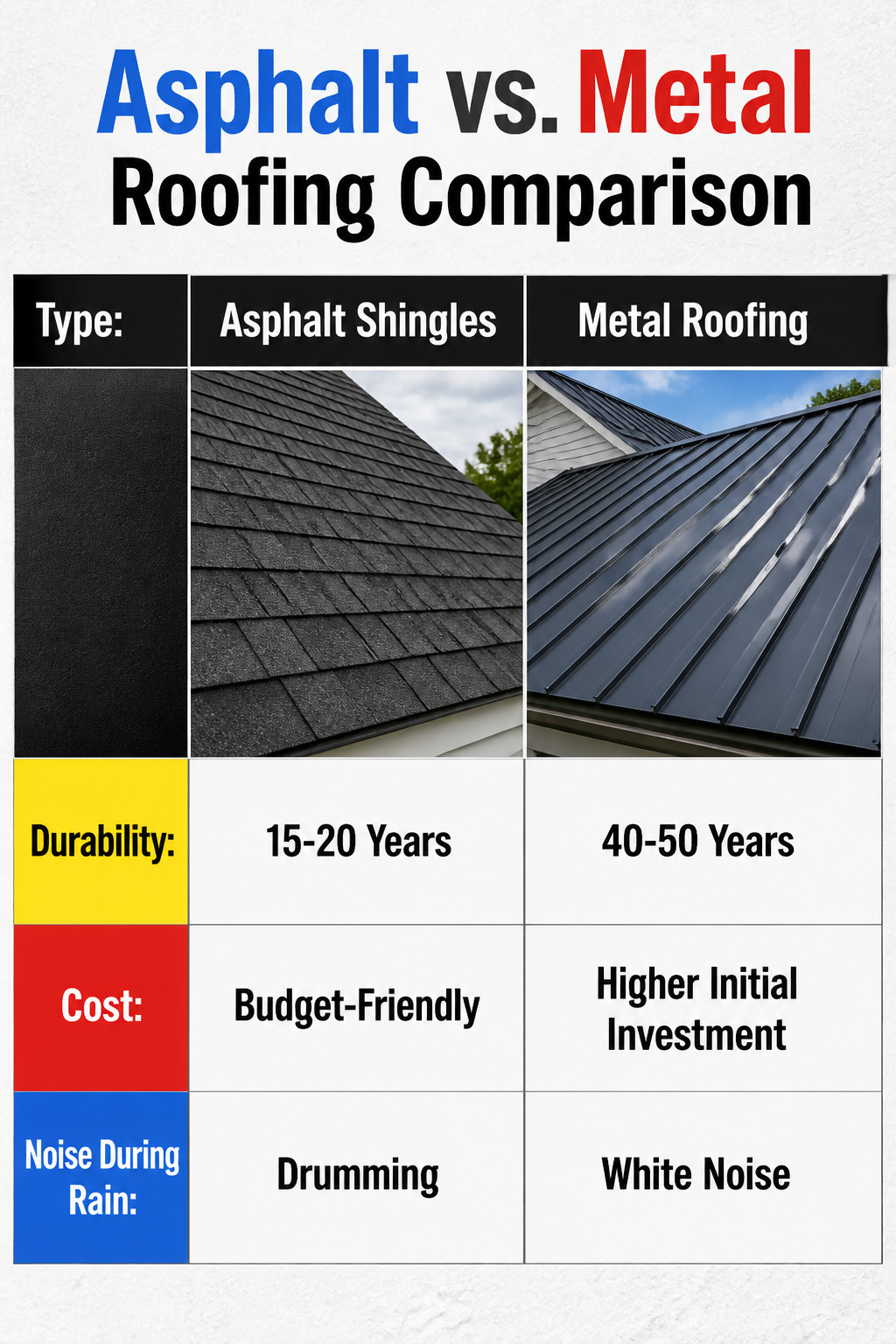 A comparison image showing asphalt and metal roofing materials.