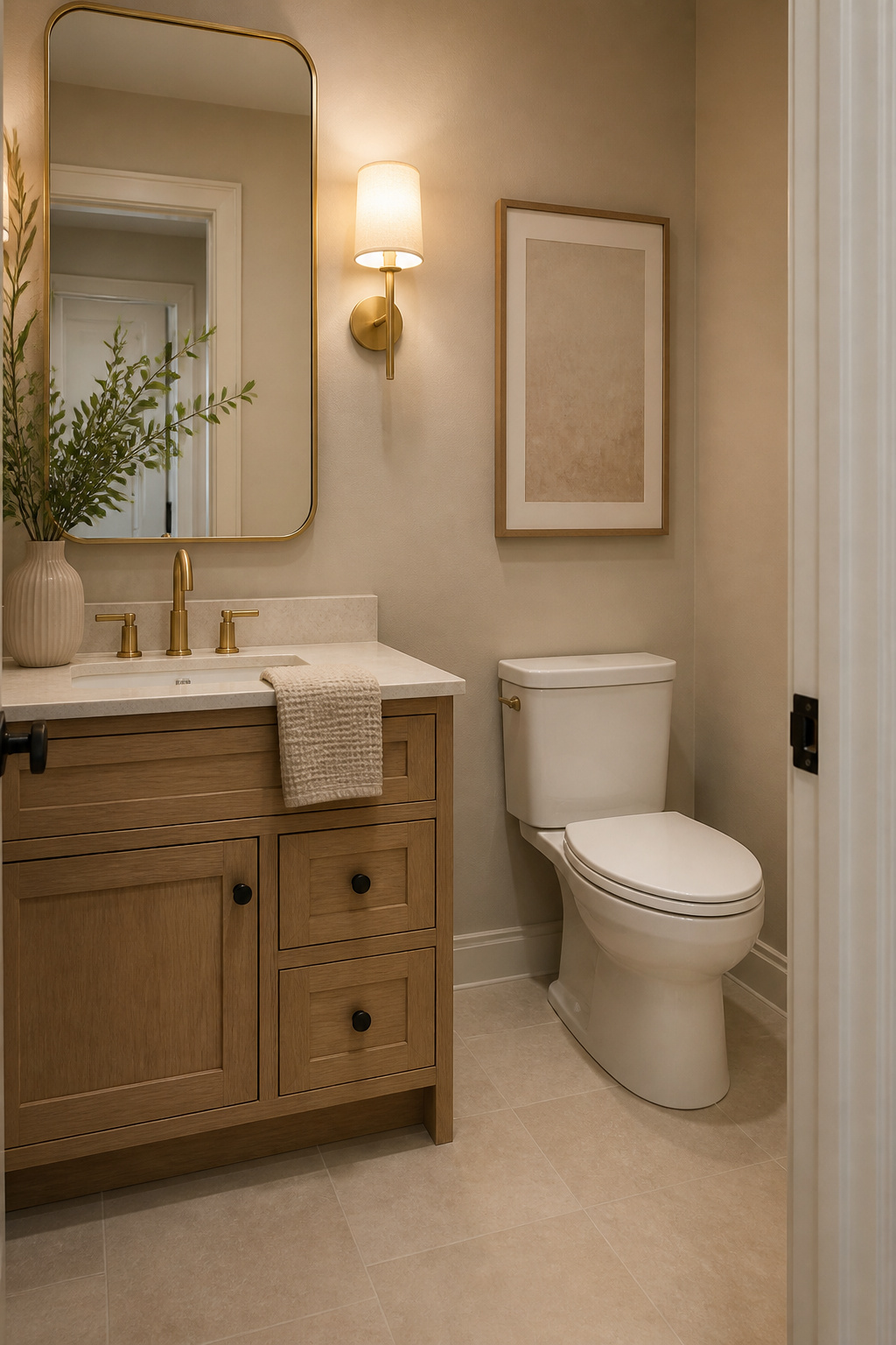 11 Half Bath Renovation Ideas for Style on a Budget (2026) 8 A half bath with soft beige walls and matching tile floor.